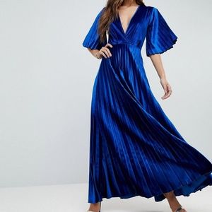 BLUE PLEATED VELVET KIMONO MAXI DRESS